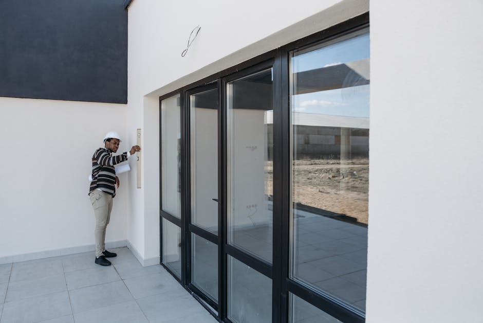 Contractor installing wooden door